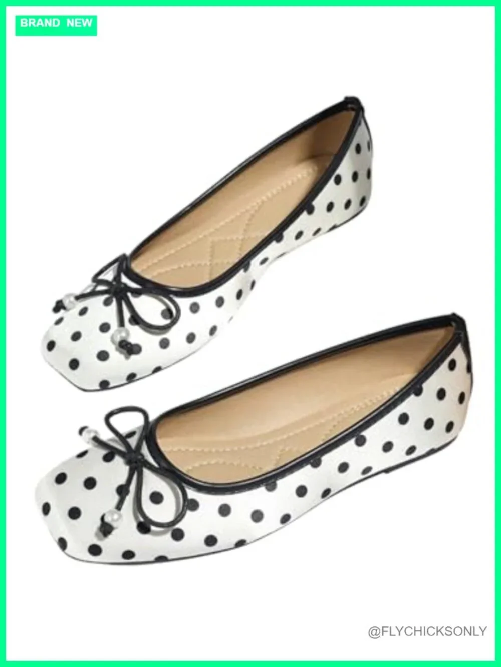 Women's Bow Knot Polka Dot Ballet Flats Square Toe Faux Leather Slip On
